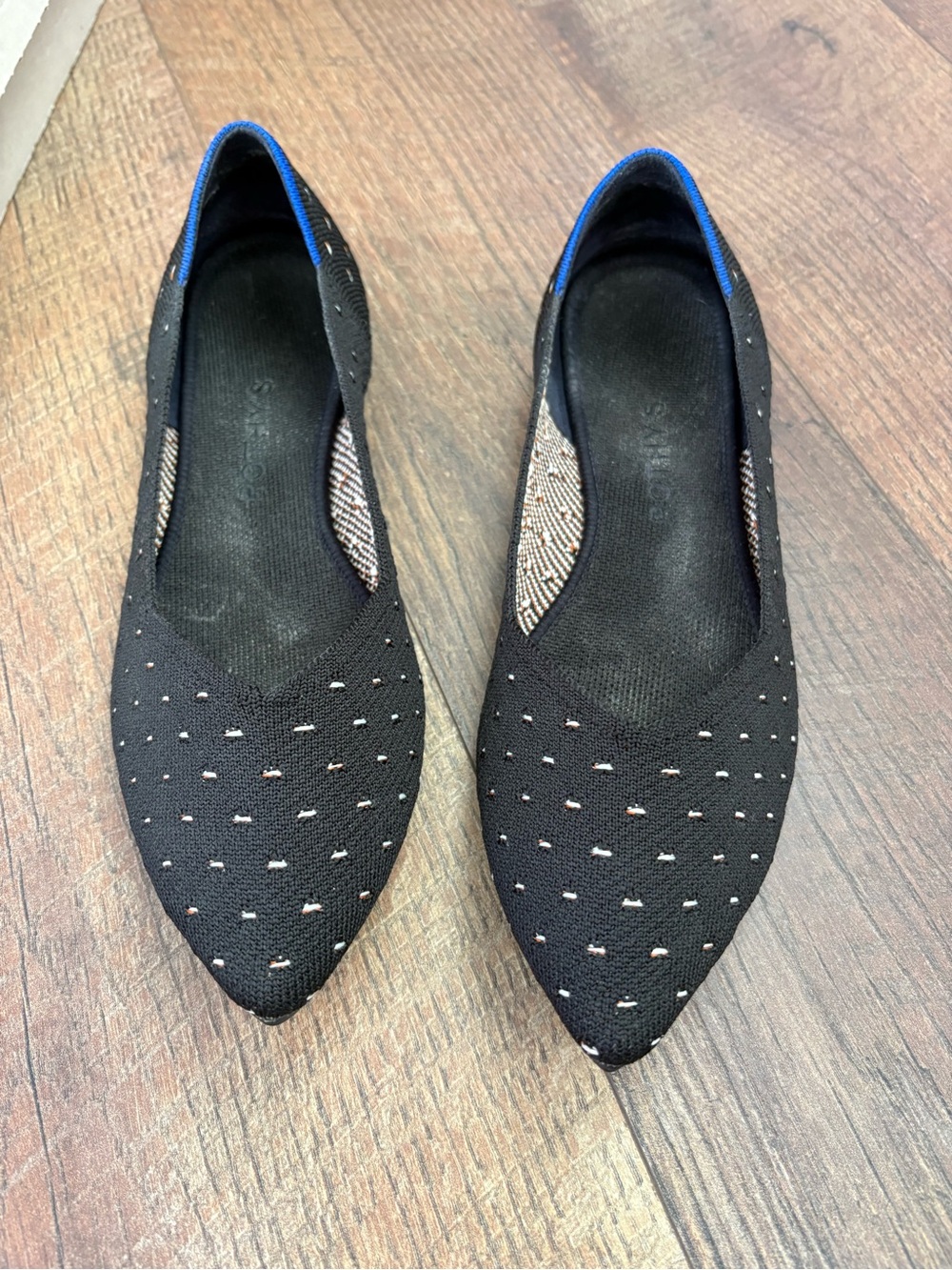 Rothy’s Black Polka Dot Pointed Knit Ballet Flats with Subtle Accent